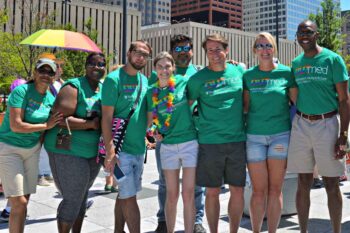 Members and supporters of the Department of Medicine’s OUTmed group marched in this year’s St. Louis PrideFest parade June 25. Attendees included faculty and staff members (left to right): Arlene Moore Ross, Kia Holmes, Adam Jones, Kara Sternhell-Blackwell, Joe Pangelinan, Chris Adkins, Traci Albers and Will Ross. OUTmed formed to support LGBTQ-identified faculty, residents, fellows and staff at the School of Medicine.